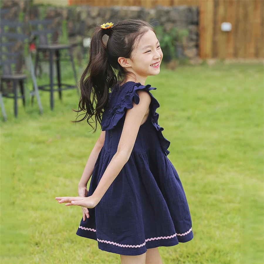 Лето 2019 платья принцессы для девочек льняное темно-синее и розовое платье