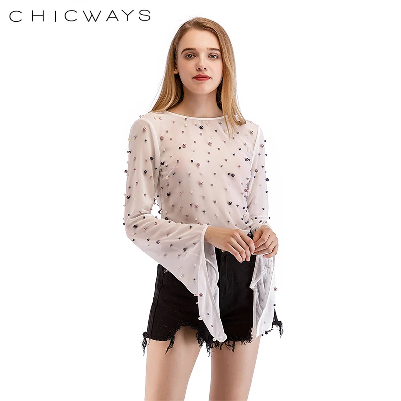 CHICWAYS бисерные жемчужные шифоновые топы сексуальные с открытой спиной белые