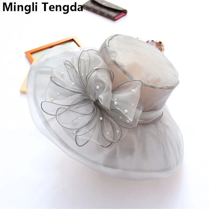 Mingli Tengda Цветы из органзы и бисера Свадебная шляпка для невесты шляпка цвета слоновой кости/красные вуалетки Свадебные аксессуары шляпка Mariage - Цвет: Gray