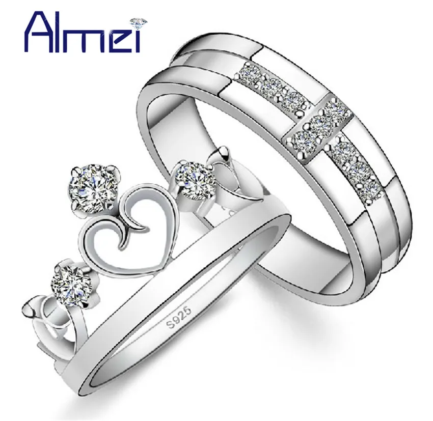 Almei 15% Off Crown Обручальные Кольца для Женщин Мужчин Ювелирных Изделий Из Серебра кристалл Дешевые Любовь CZ Циркон Кольцо Сердца Bijoux С Камнем Обручальные Кольцо женское бижутерия J412