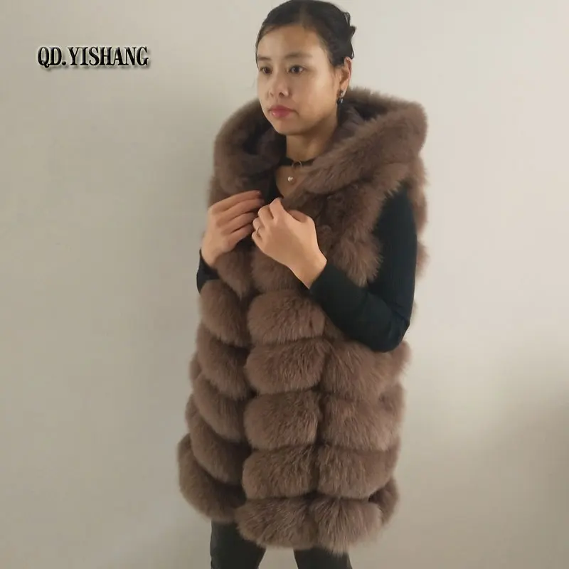 Khaki Length 80cm Натуральный Лисий мех средней длины с капюшоном Женский жилет и Кепка съемный теплый жилет QD. YISHANG - Цвет: Khaki Length 80cm
