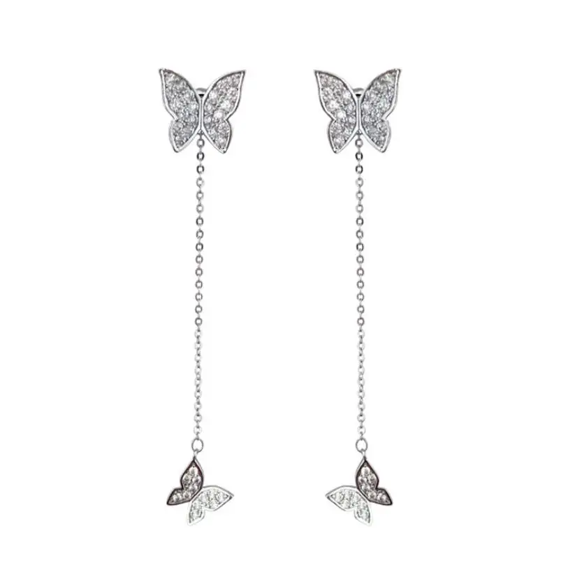 

New Arrival 925 Sterling Silver Earrings For Women Dazzling Micro CZ Zircon Butterfly Tassel Earrings Oorbellen Drop Shipping