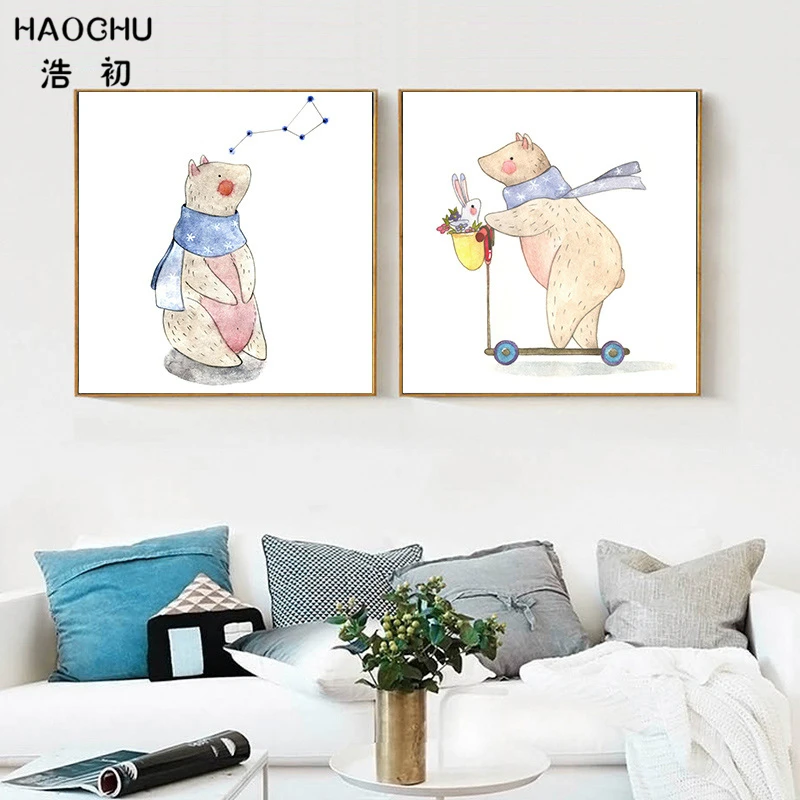 HAOCHU скандинавский шарф Медведь Кролик холст постер картина мультфильм