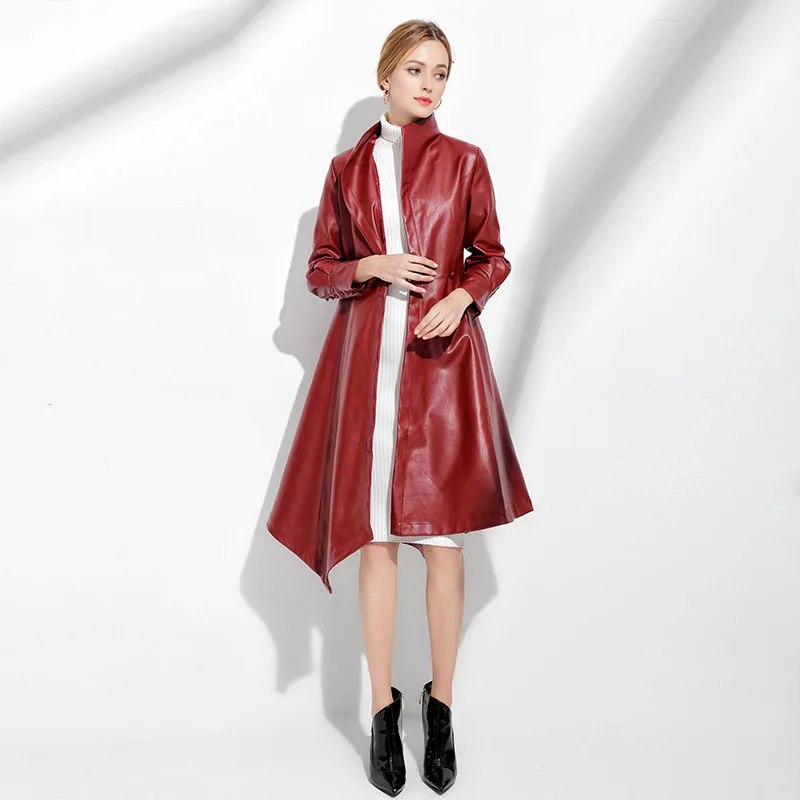 Fashion Autumn Winter Women Coats 2018 Red Black Casual Turn-down Collar PU Faux Leather Jacket Long Coat Office Outwear Coats