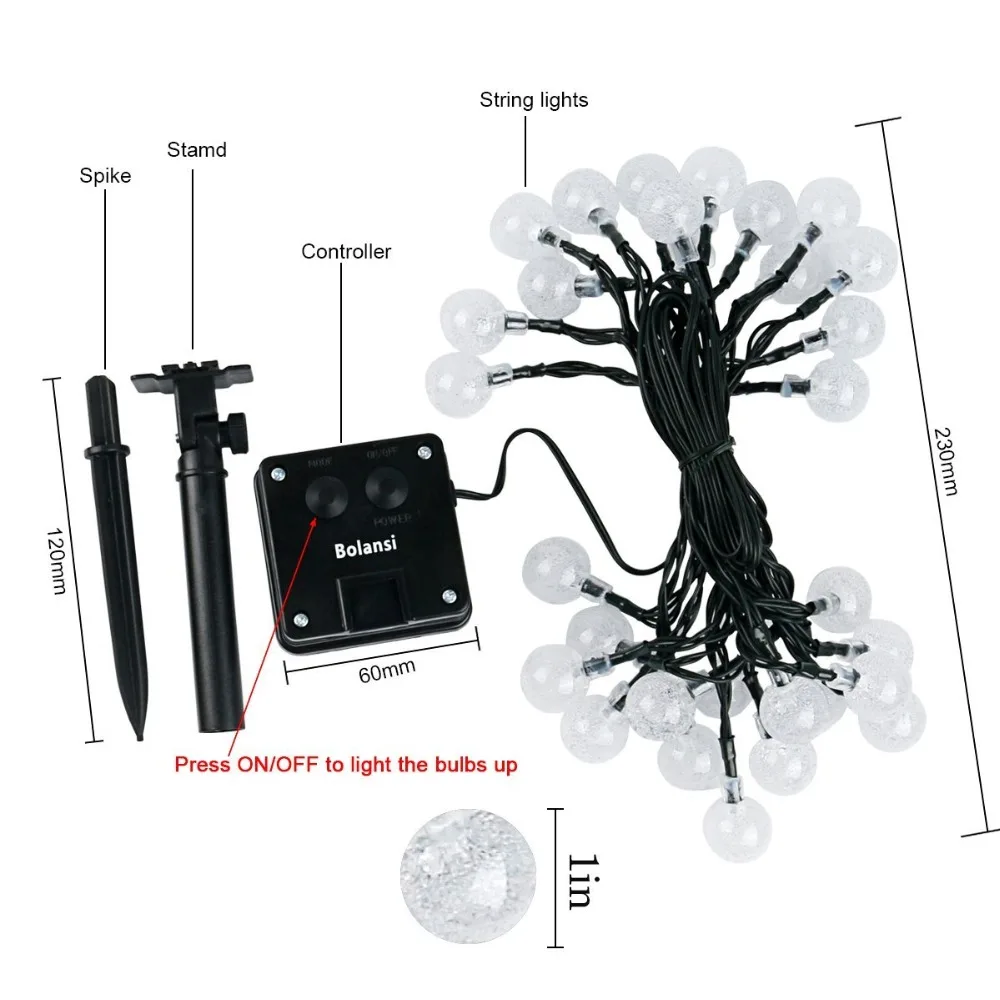 Солнечный свет строка 20ft 60LED хрустальный шар Водонепроницаемый Строка фонари на