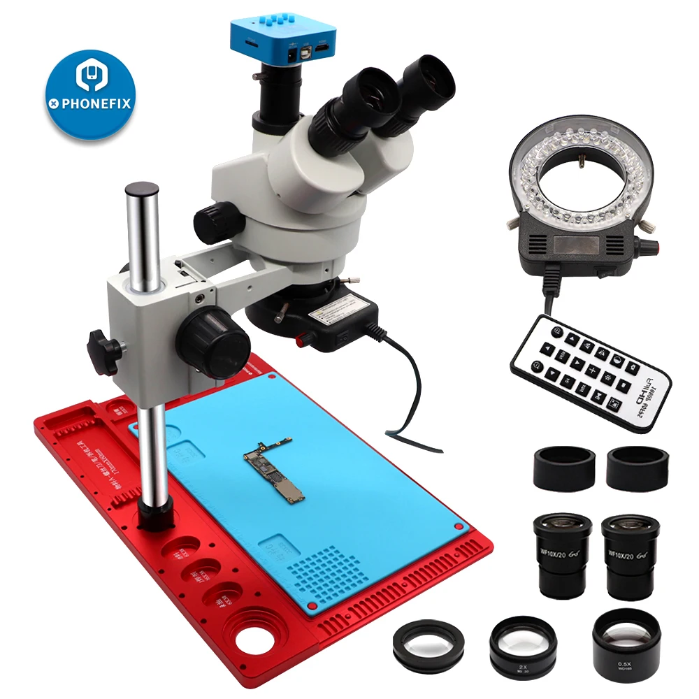 

1080P 3.5~90X Trinoculaire Stereo Microscope + Heat Insulation aluminum alloy pad + 21MP HDMI Camera + UV glass Phone PCB Repair