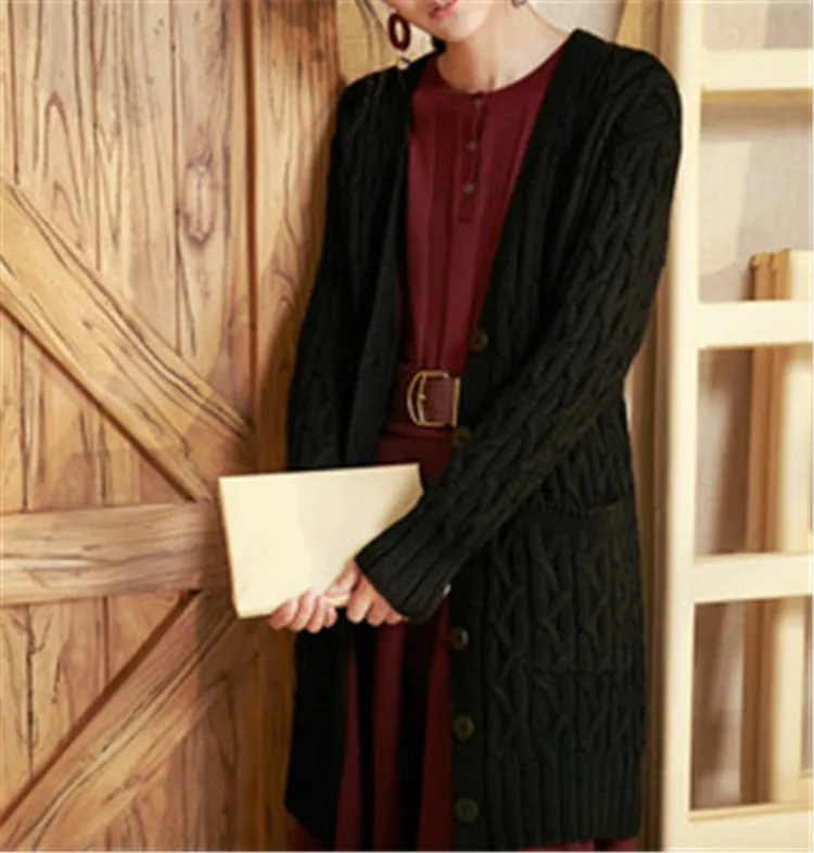 100%hand made pure wool Vneck knit women loose H-straight long cardigan sweater one&ampover size |
