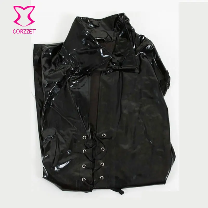 

Transparent Mesh Sleeves Lace-Up Front Black Latex Leather Coat Sexy Dress Costumes Carnival Costume Women Adult Night Clubwear