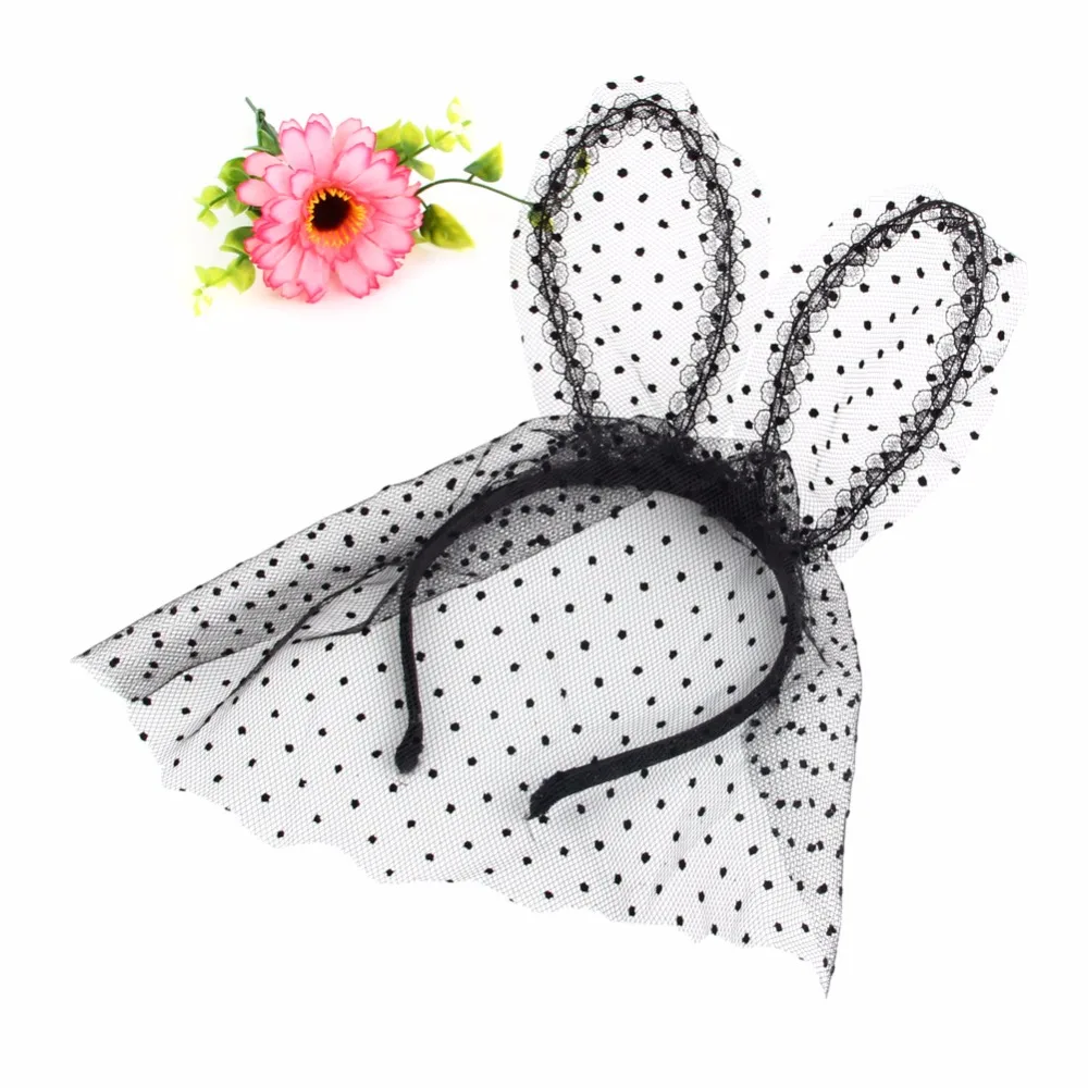 Повязка на вечерние кружевная с ушками кролика в горошек | Дом и сад