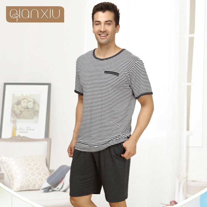 Qianxiu пижамы для пара летний в полоску Для женщин с коротким рукавом Pants Pajama