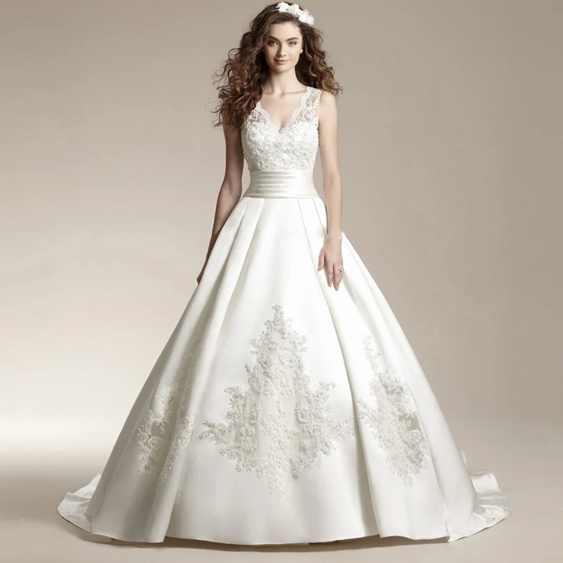 Элегантное Атласное кружевное платье с v образным вырезом и кружевом Vestidos De Novia