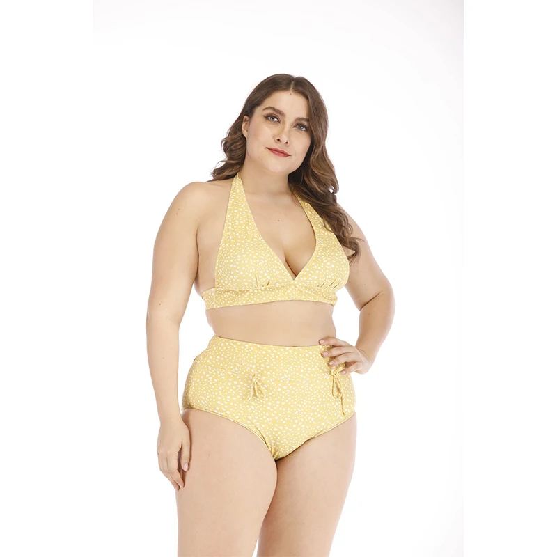 Женский раздельный купальник в горошек желтый сексуальный большого размера плюс