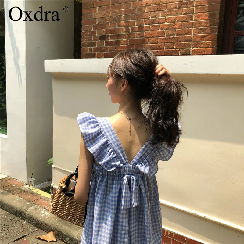 Oxdra платье свободное клетчатое с оборками без рукавов трапециевидной формы