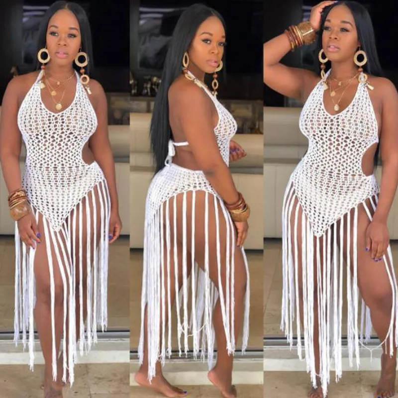 Трикотажное пляжное платье ручной работы с кисточками сексуальное Бандажное