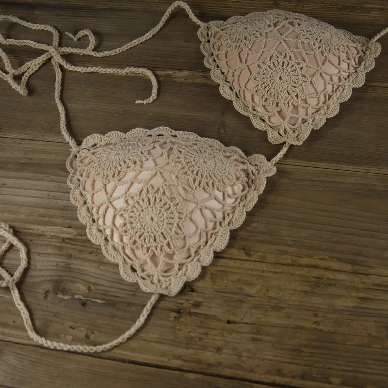 Ручной работы крючком аппликация бикини топы пляжные женские мягкие полые Купальники Топ Плавательный