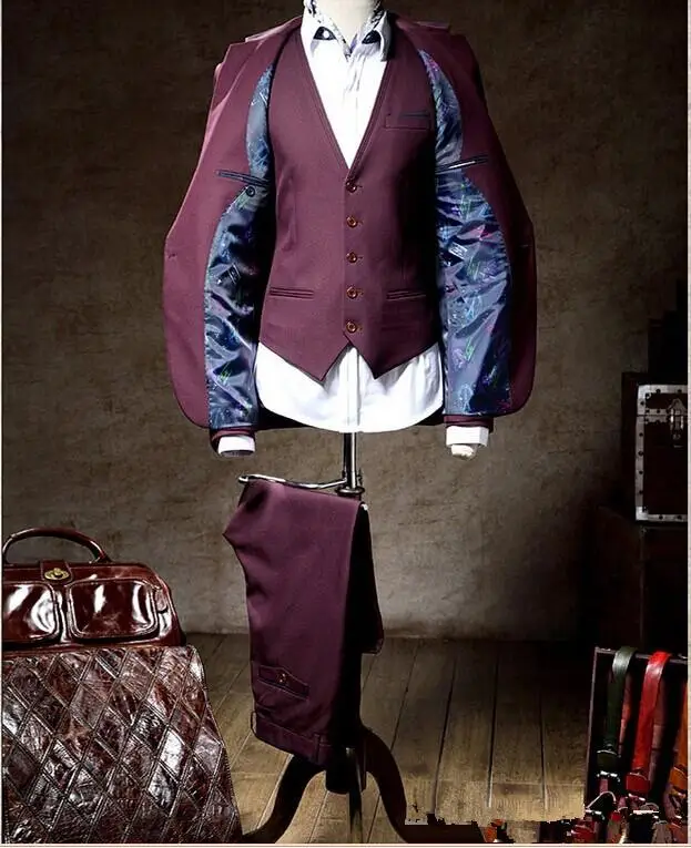 Бургундия Нотч One Button4Pieces (JacketPantVentTie) Мода Custume Терно Masculino Homme Элегантные Мужские