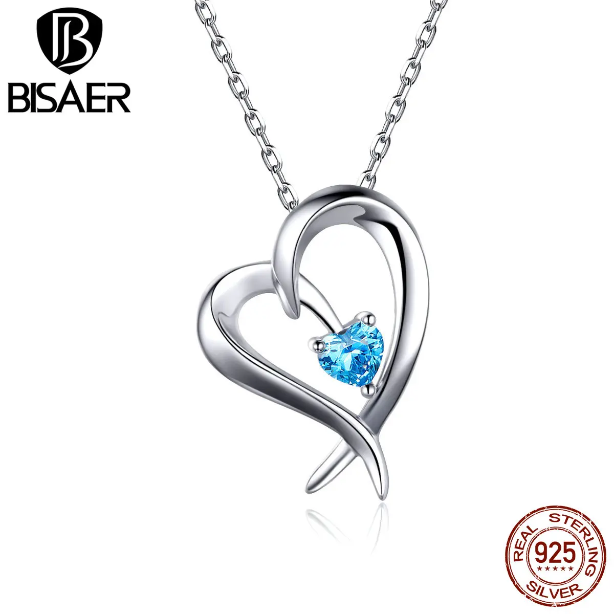 BISAER романтический 925 пробы Серебряное сердце, для влюбленных Форма подвески из голубого циркона и Для женщин ожерелья роскошные свадебные украшения ECN311