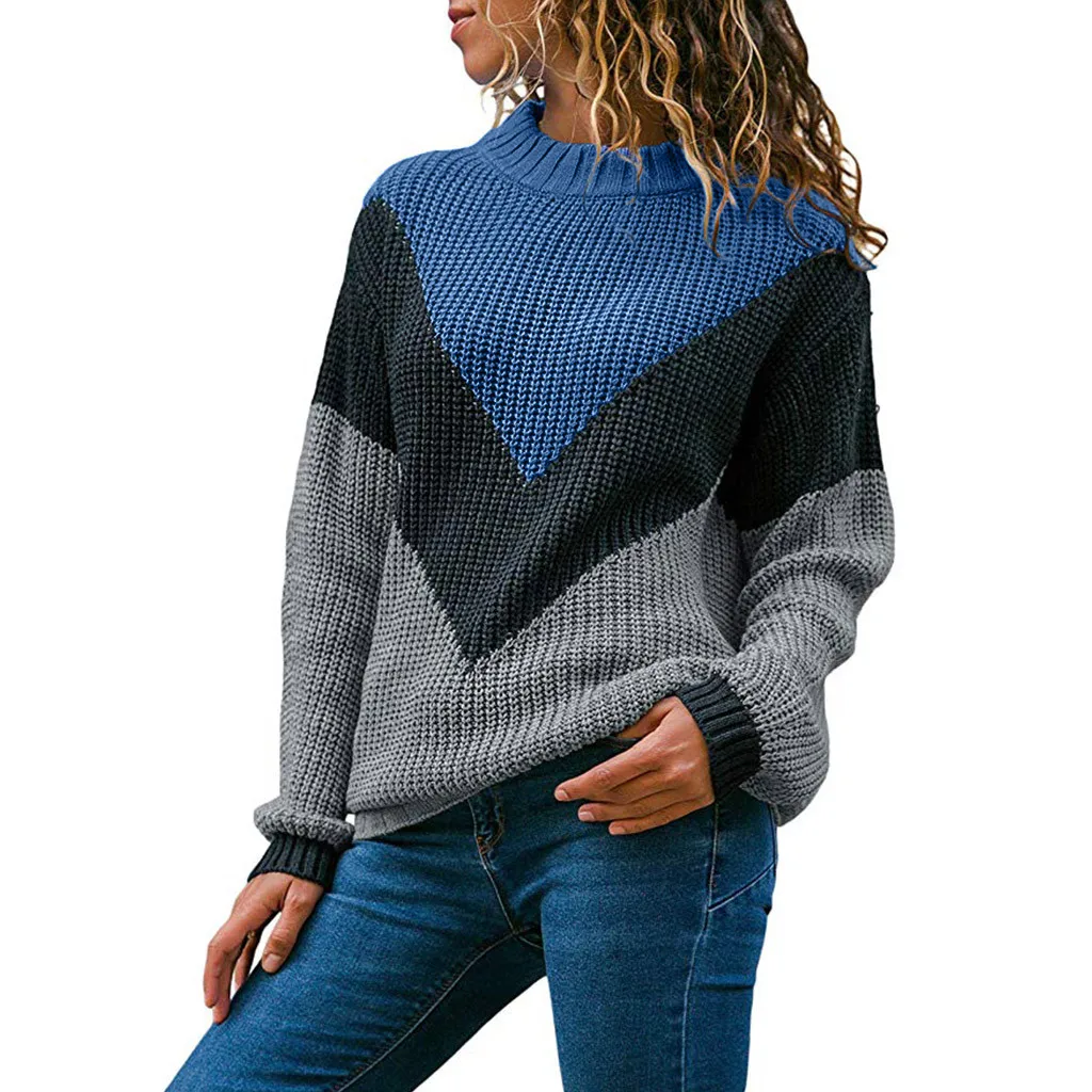 JAYCOSIN Hot Fashion Design Women Round Neck Color Block Long Sleeve Knitted Sweater Tops Pullover Jumper High Quality | Женская одежда
