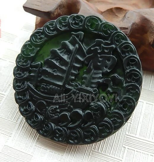 Beautiful Natural Black Green Stone Carved Chinese Smoothly Boat Lucky Blessing Pendant + Rope Necklace Fashion Jewelry | Украшения и