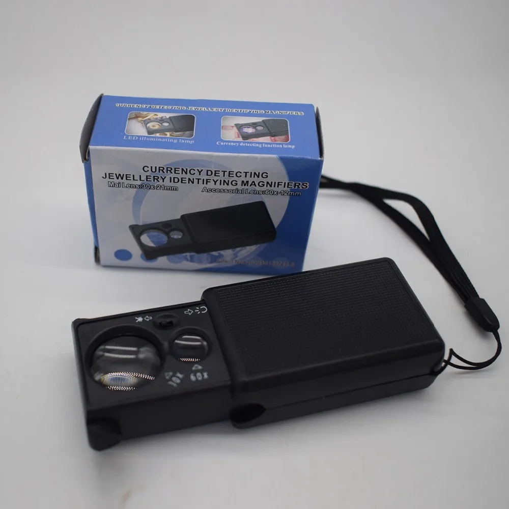 

30X 60X Mini Illuminated Jewelers Loupe Magnifier LED Currency Detecting Identify