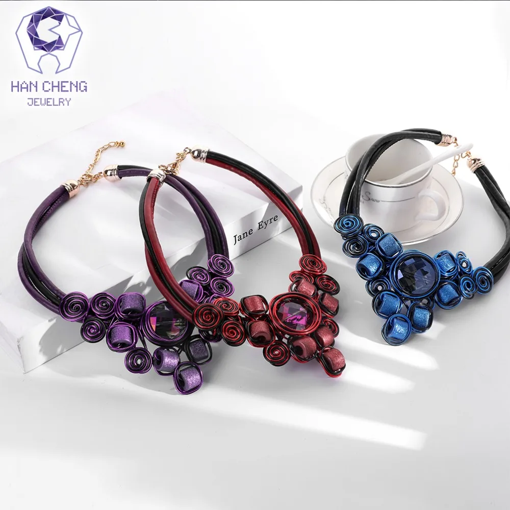 HanCheng/Новые модные короткие бусы, сделанные своими руками, кожаные ожерелья из веревки, цветные Кристальные женские ювелирные изделия-ожерелья с воротником bijoux