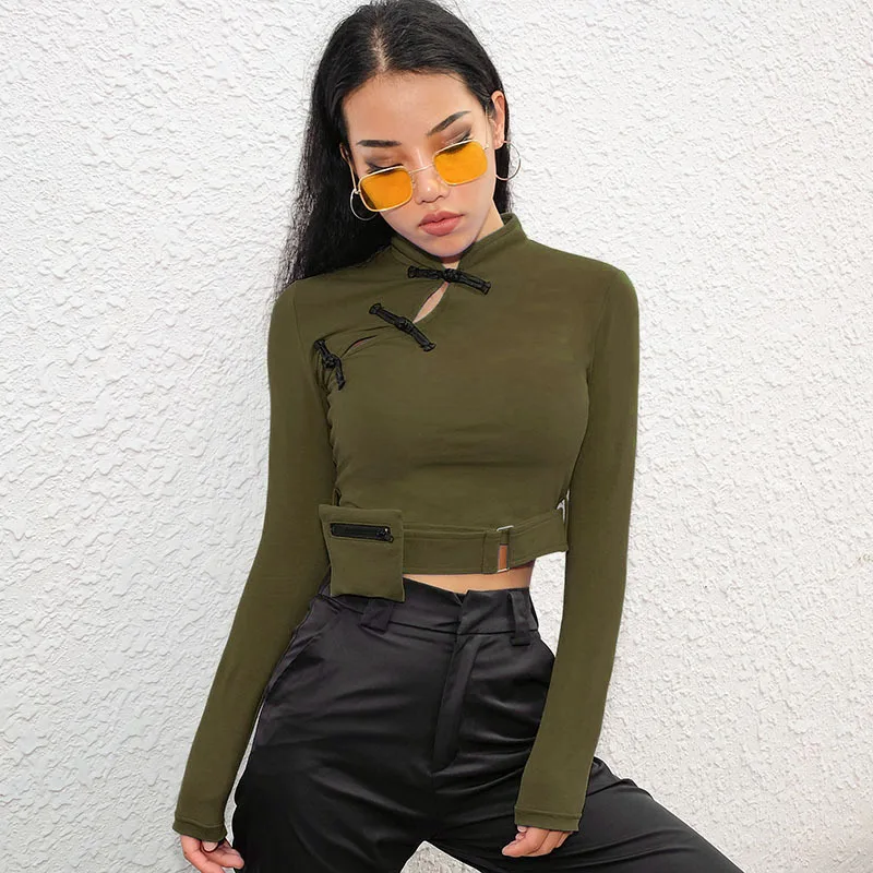 Женская приталенная рубашка в китайском стиле с застежкой на воротнике и