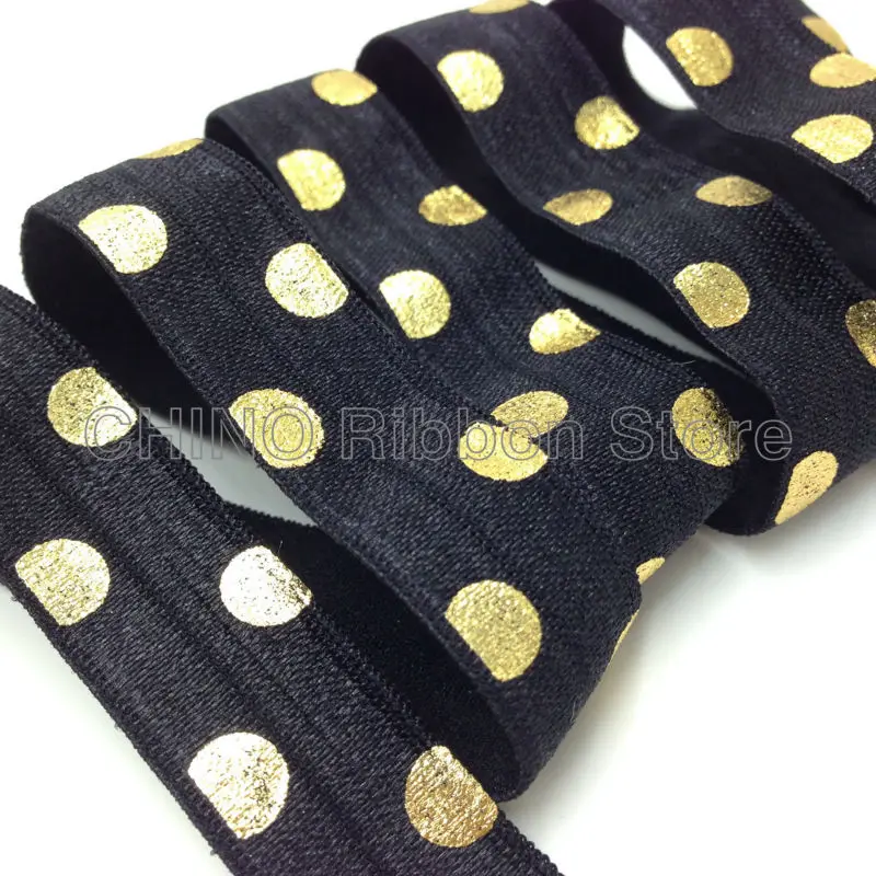

10 Yards 5/8" Gold Polka Dot Print Fold Over Elastic Black Dot FOE Hair Tie Ribbon for DIY Headwear Hair Accessory