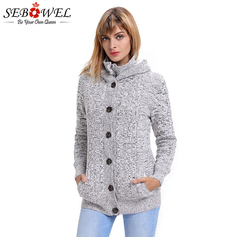 

SEBOWEL Autumn Winter Long Sleeve Hooded Cardigans Sweater Women Open Stitch Knitted Thicken Warm Jackets Coats Female Plus Size