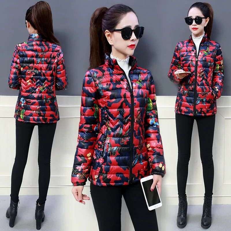 Куртка женская пуховая хлопковая с принтом легкое пальто из тонкого хлопка