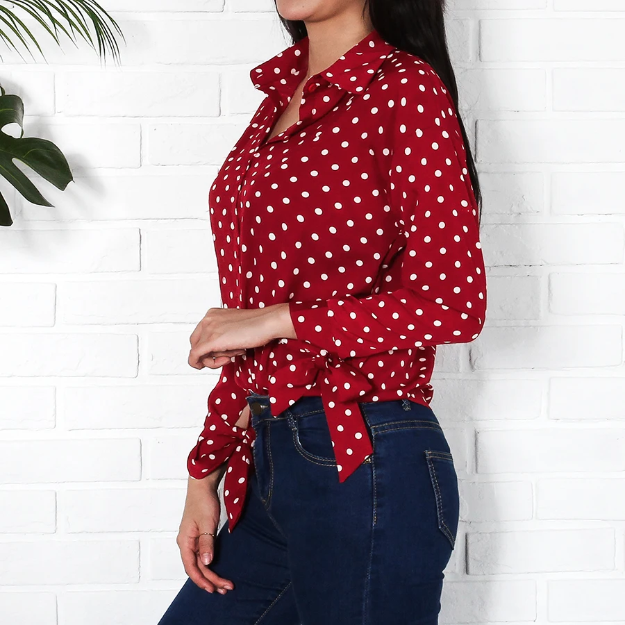 Red Vintage Polka Dot Shirts Women 2018 Autumn New Arrival Fashion Bow Long Sleeve Blouses Ladies Plus Size Casual Chiffon Tops | Женская