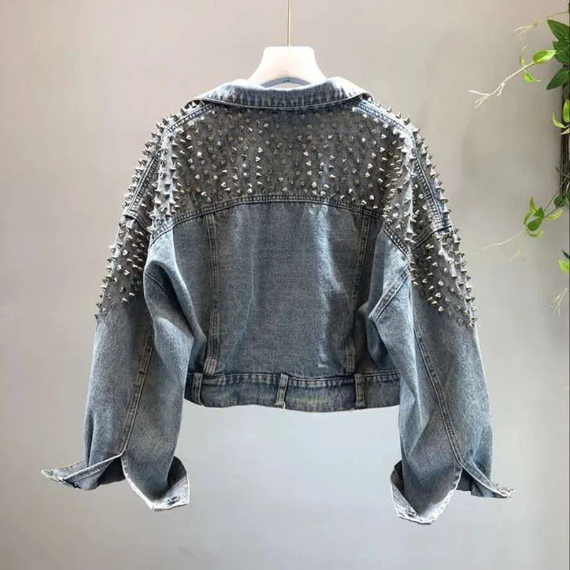 YingYuanFang, модная новинка, рукав летучая мышь, тяжелая работа, заклепки, короткая вымытая джинсовая куртка, Женская куртка