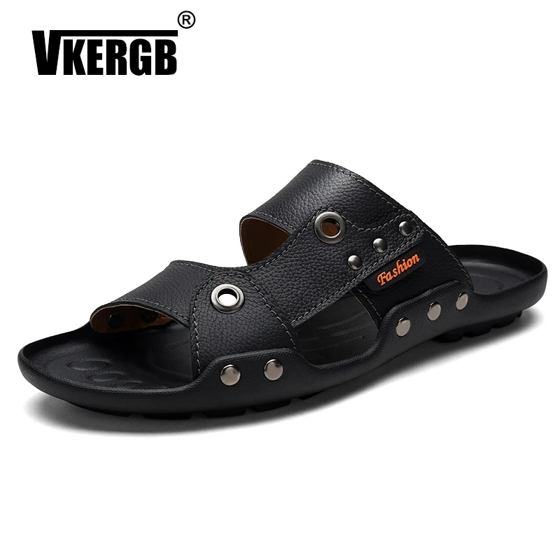 VKERGB Male flip flops Men sandals Mens slippers outdoor Summer sandals for men Brand leather shales house slippers man Blue Hot