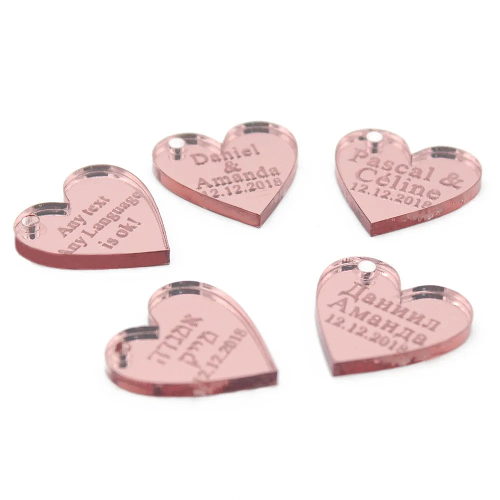 Rose Pink with hole 100 штук персонализированные Выгравированные Детские Крещения Висячие Любовь сердце свадебный стол украшения сувениры индивидуальные метки - Цвет: Rose Pink with hole