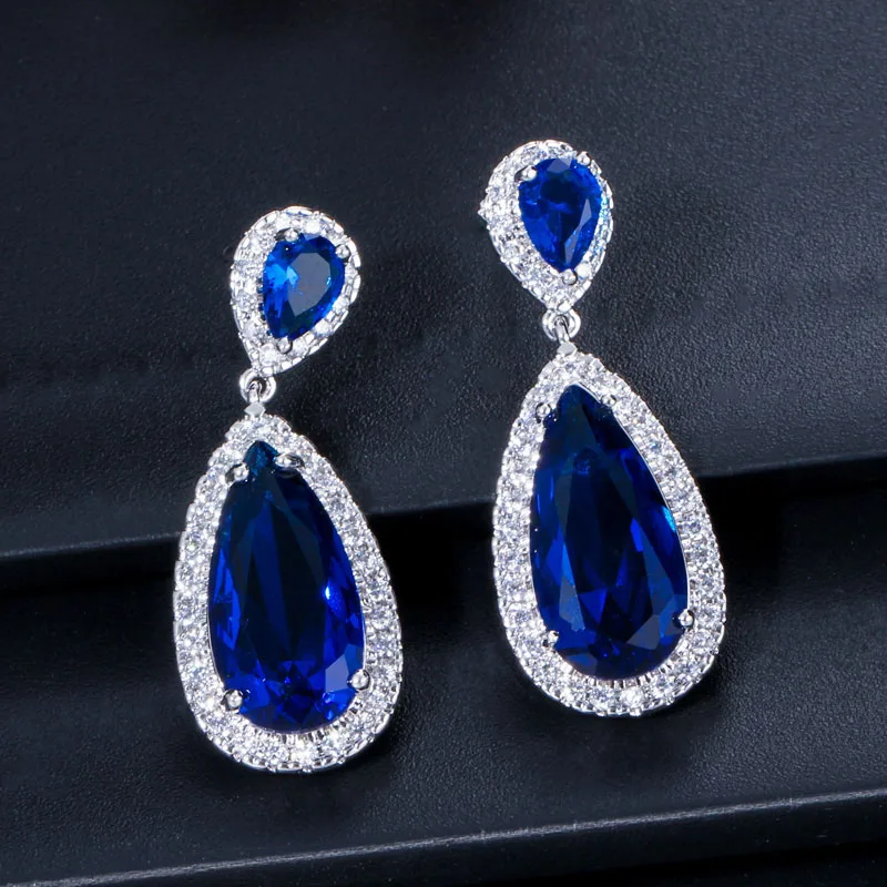 Blue Pera классические большие капли воды AAA+ кубический цирконий серебряный цвет роскошные свадебные длинные висячие серьги ювелирные изделия для невест E016 - Окраска металла: Blue
