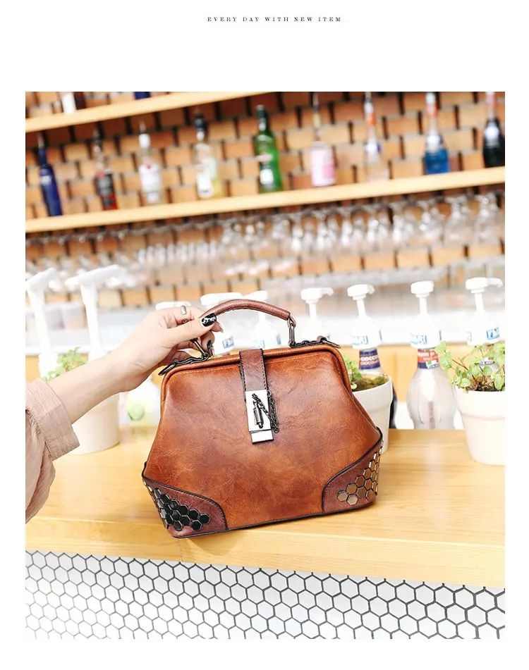 Ретро Женская ПУ сумка женская сумка-мессенджер известная дизайнерская сумка-мессенджер сумка на плечо Бостонская винтажная сумка с заклепками для доктора горячая распродажа