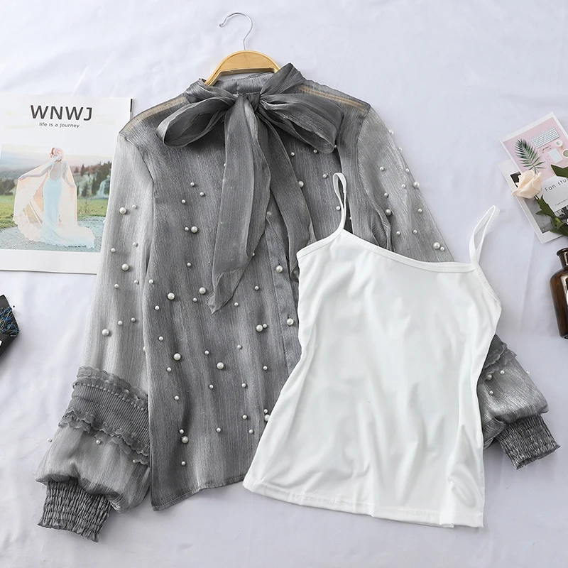 Женская летняя рубашка с бантом и жемчужинами 2 шт.|Блузки| |