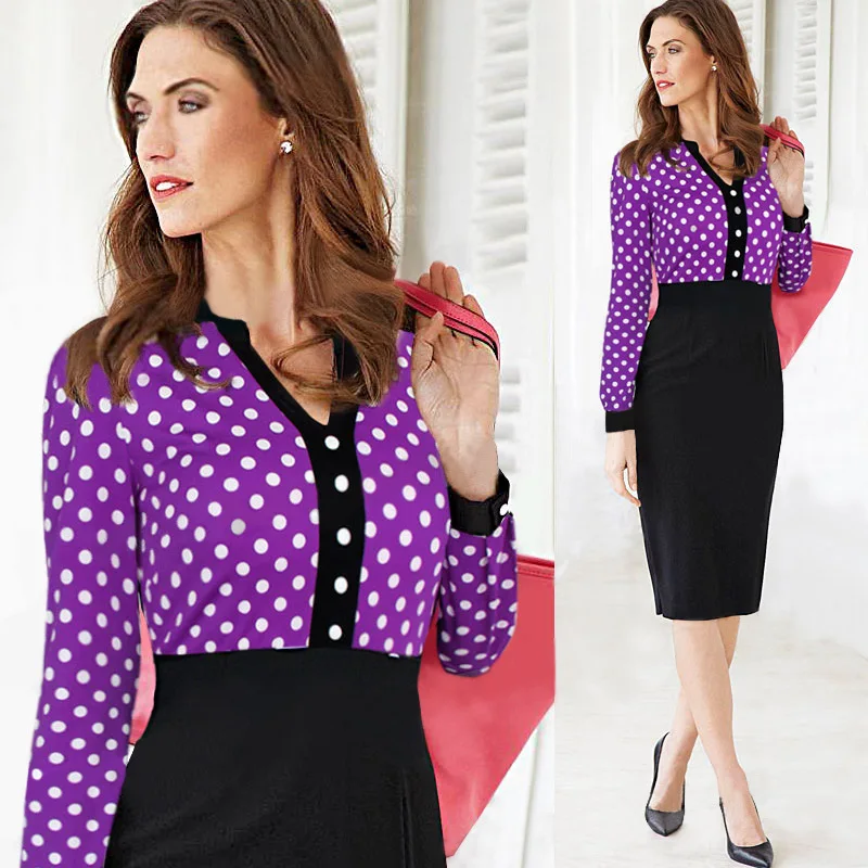 Женщины Формальные 2017 элегантные вечерние в горошек платья карандаш лоскутное