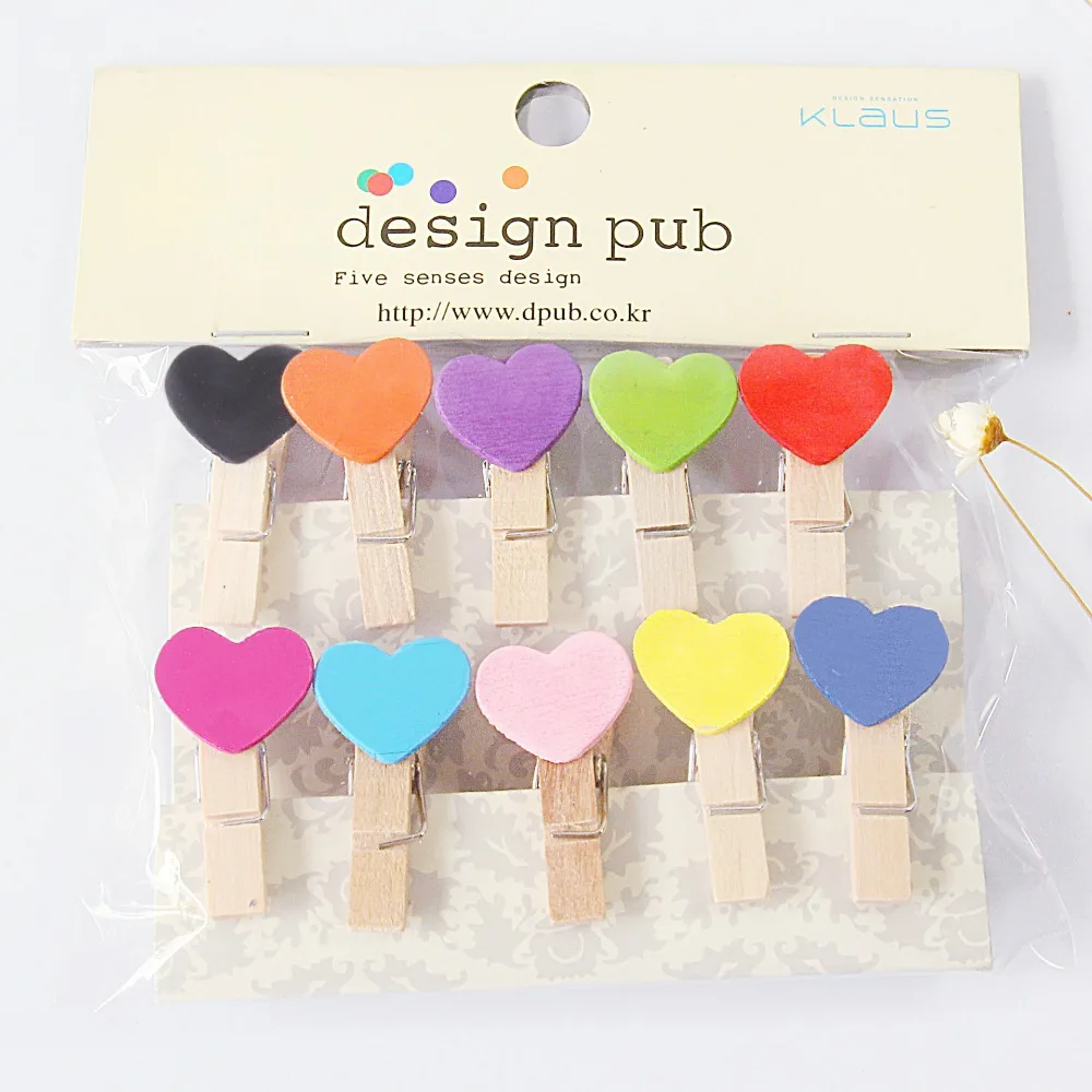 

10 pcs/lot Creative Colorful Love Heart Wooden Clip Photo paper Clothespin Craft Clips Party Decoration Clip with Hemp Rope
