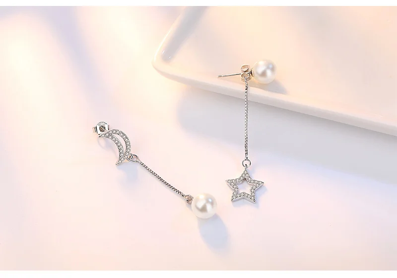 Серьги 925, модные Висячие серьги, для ушей, асимметричное серебро, блестящая луна, звезда, Висячие жемчужные серьги для женщин
