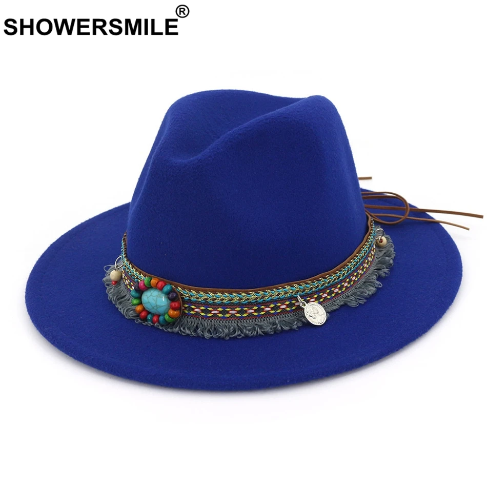 SHOWERSMILE, розовая фетровая шляпа для девушек, винтажная фетровая шляпа для женщин, повседневная, этнический стиль, с большими полями, твид, осень, зима, джаз, кепка, красный, черный