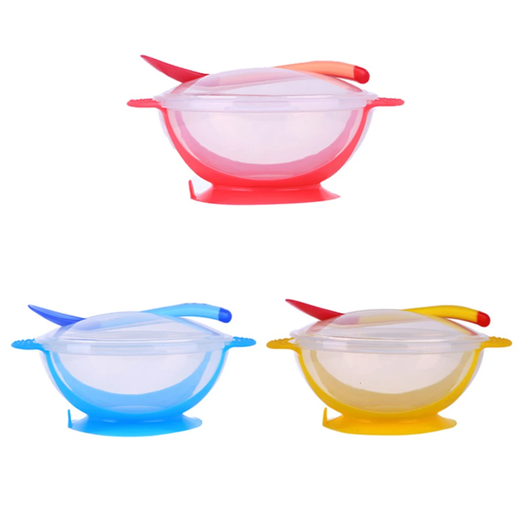 

Newborn Toddler PP Training Bowls Baby Infants Sucker Bowl With Cover Temperature Sensing Spoon Set