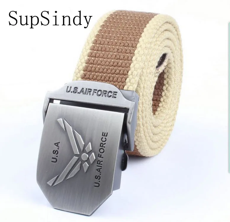 Brown beige side SupSindy мужские и wo мужские холщовые пояса ВВС США с металлической пряжкой Роскошные джинсовые ремни для мужчин винтажные Тактические пояса военный ремень мужской - Цвет: Brown beige side
