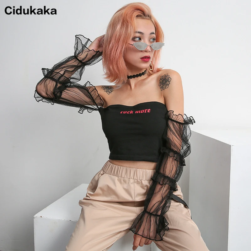 Cidukaka пикантные белая футболка Для женщин с открытыми плечами укороченный топ
