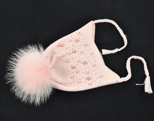 Pink match fur Детская меховая шапка с помпонами, зимняя теплая, настоящий большой меховой шарик, шапка с тесьмой, Детская эластичная вязаная шапочка, шапки для мальчиков и девочек - Цвет: Pink match fur