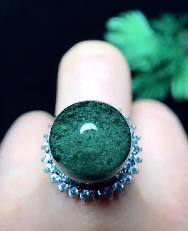 Регулируемое кольцо из серебра 925 пробы с природным зеленым фантомным кварцем 15