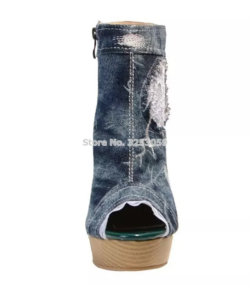 Лидер продаж Классические джинсовые ботинки с открытым носком кружевные цветами