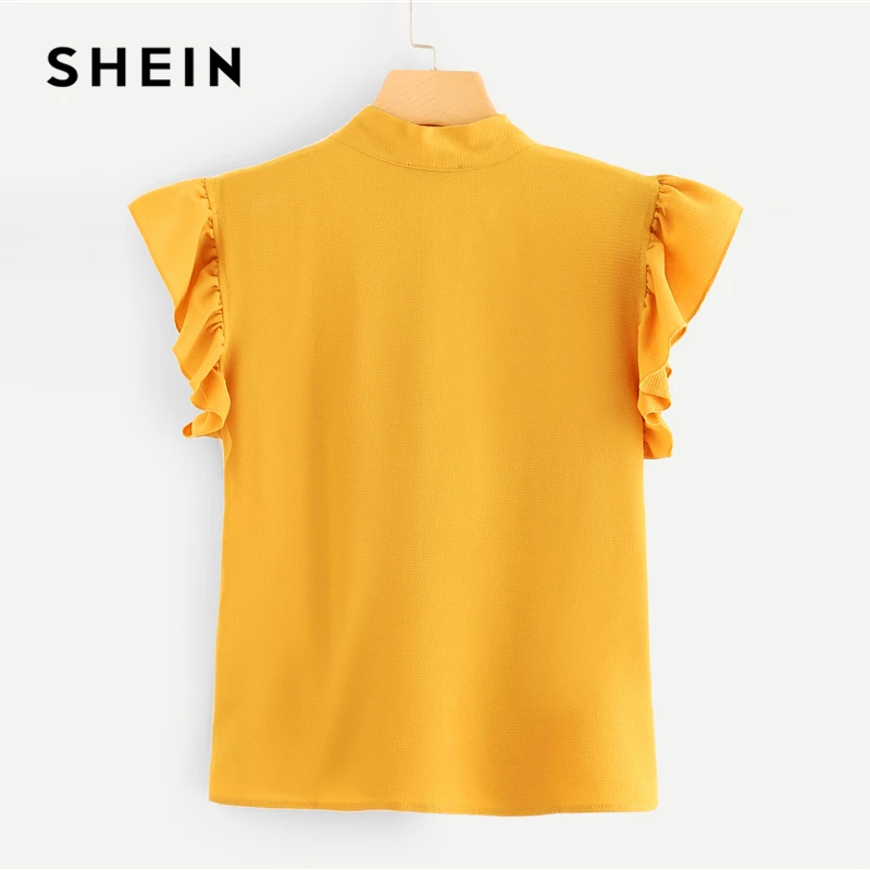 SHEIN горчичная элегантная Офисная Женская блузка с оборками на плечах и завязками на шее с цветочным принтом, летняя женская шифоновая блузка и блузки
