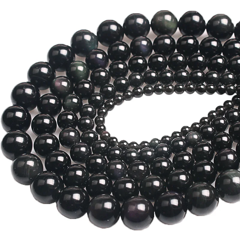 Натуральные каменные бусины, черный обсидиан, круглые, свободные, гладкие, большие, 4 6 8 10 12 14 16 мм, для создания браслета и ювелирных изделий.