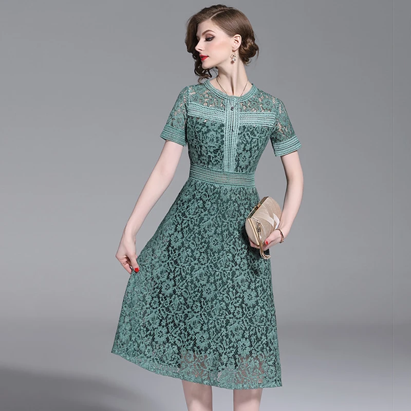 JTCY Summer Women Solid Vintage Lace Dress Party Short Sleeve O-Neck Hollow Out Sexy Female A-Line Knee-Length | Женская одежда