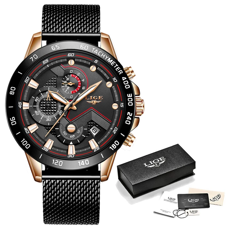 

Relogio Masculino LIGE Fashion Mens Watches Stainless Steel Grid Quartz Watch Men's Multifunction Chronograph Date Sport Clock